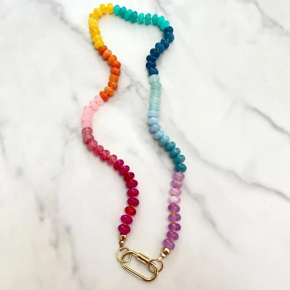 Rainbow Gemstone Silk Knotted Necklace Gold Filled Carabiner Clasp Charm… - Picture 7 of 10
